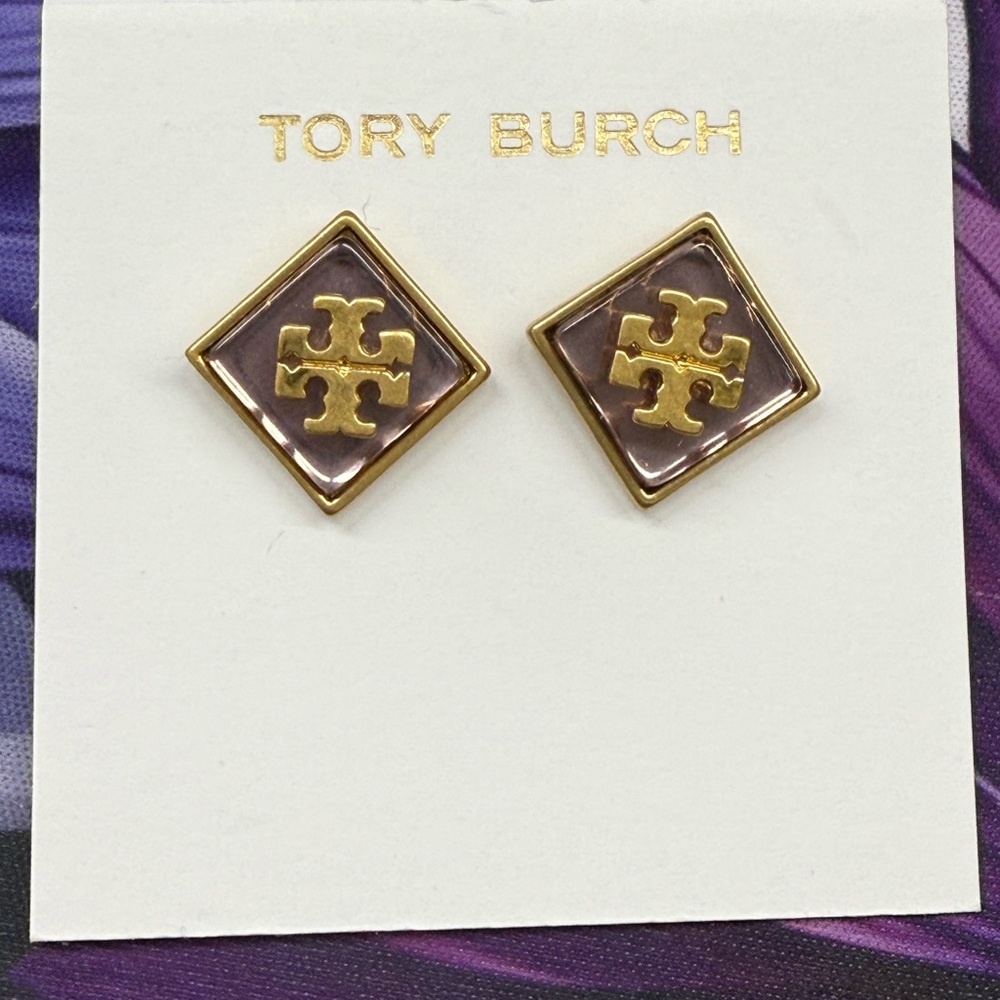 Tory Burch Gold and Pearlesque Lavender Square Earrings - Picture 2 of 4